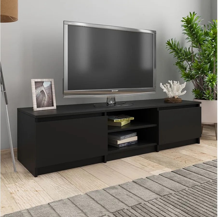 Stolik pod TV 140x40x35,5cm, wykonany z materiałów drewnopochodnych, w kolorze białym połyskującym.