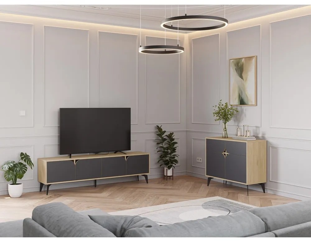 Czarna szafka pod TV w dekorze dębu 180x51 cm Nola – Marckeric