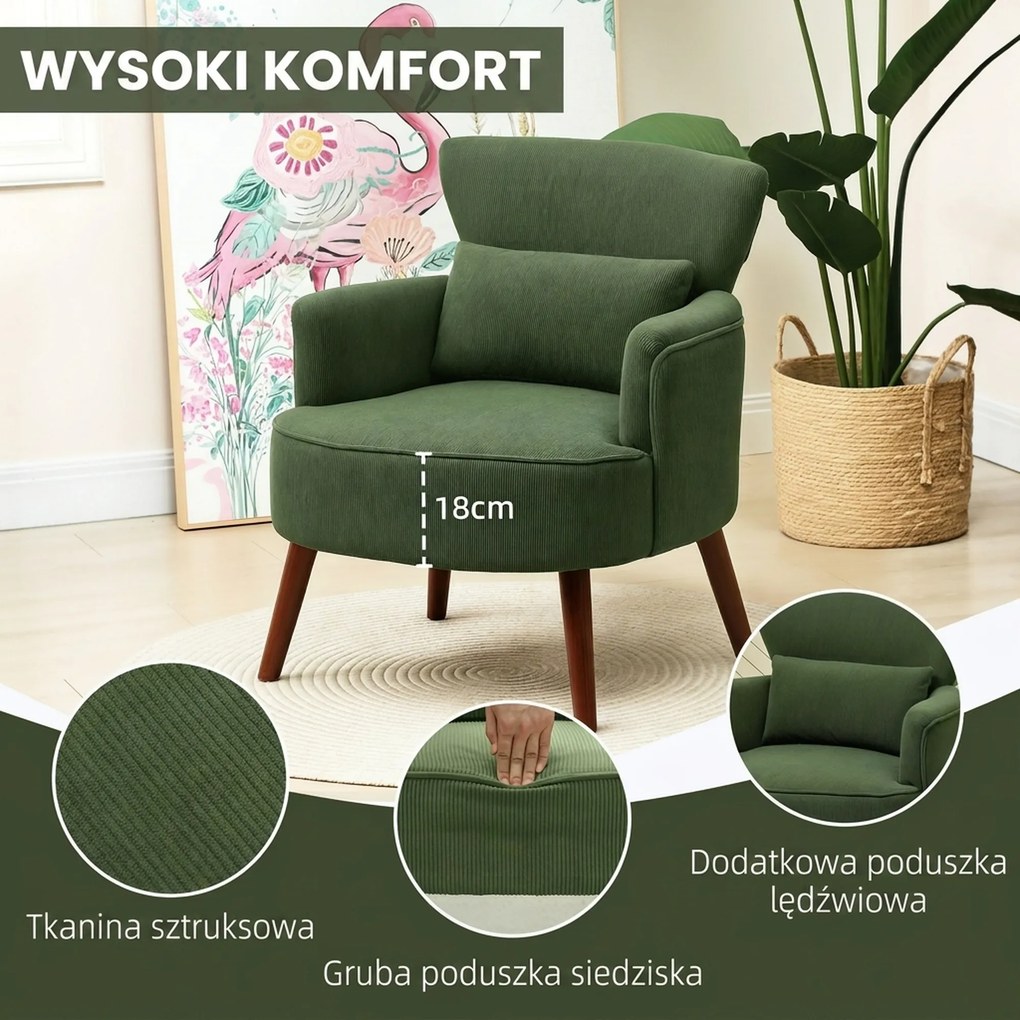 HOMCOM Nowoczesny fotel z podłokietnikami, tapicerowany fotel akcentowy z poduszką lędźwiową, Zielony