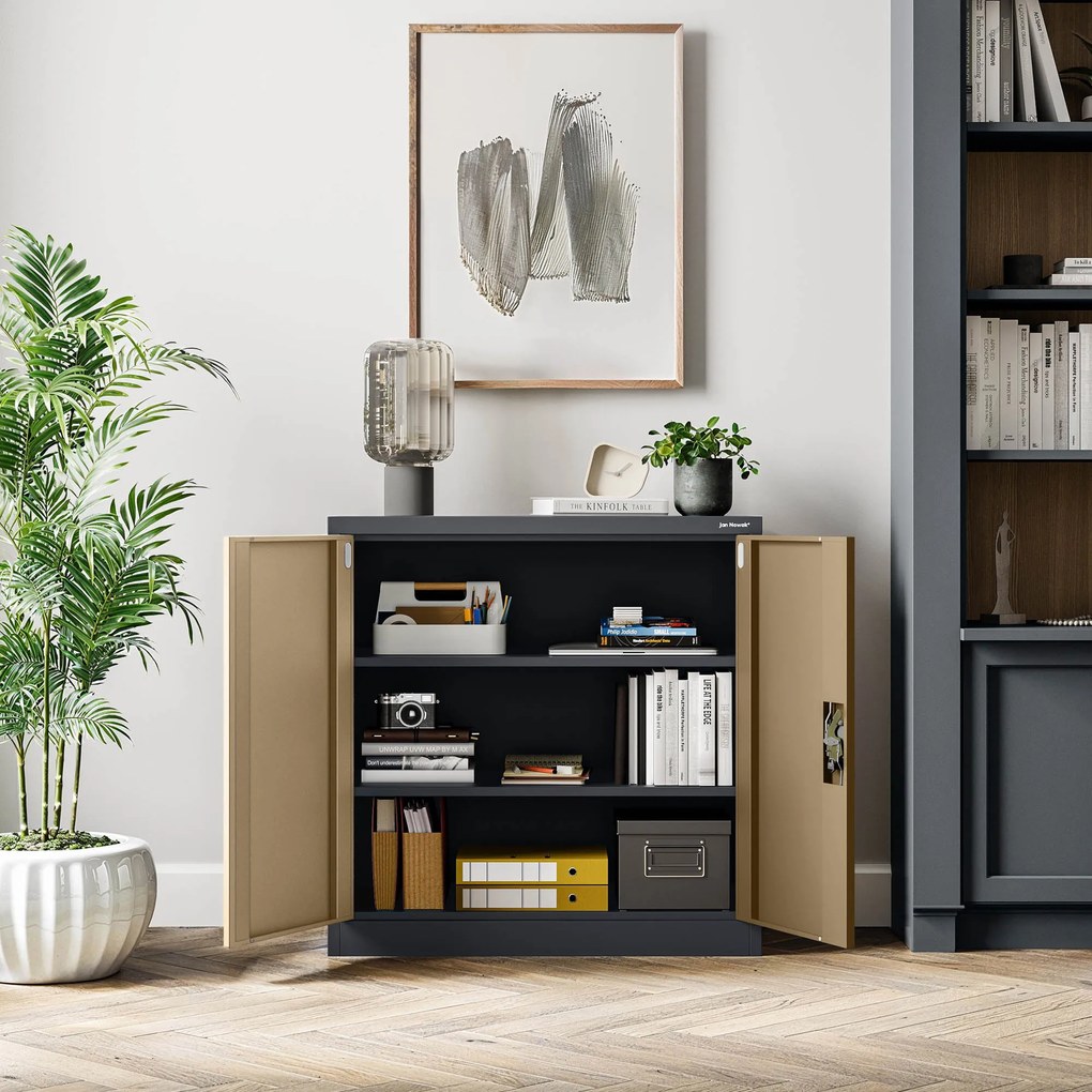 Metalowa szafka do gabinetu BEATA, 900 x 930 x 400 mm, Eco Design: antracytowa/ orzech