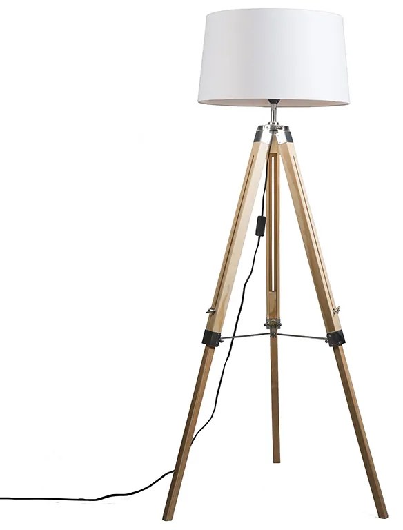 Lampa podłogowa drewno klosz lniany biały 45cm - TripodPrzemysłowy Oswietlenie wewnetrzne