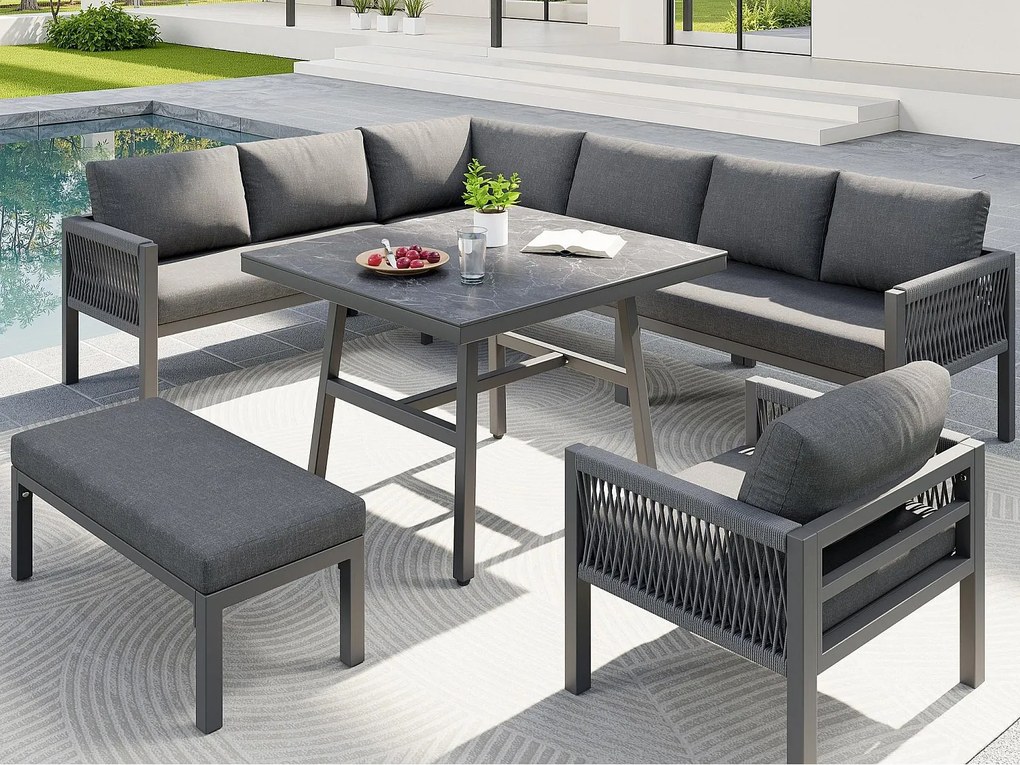 Salon ogrodowy, zestaw mebli z rattanu PE na 6-7 osób - lin - kanapa narożna - z żelaza ocynkowanego - stoły - fotele - ławka, szary