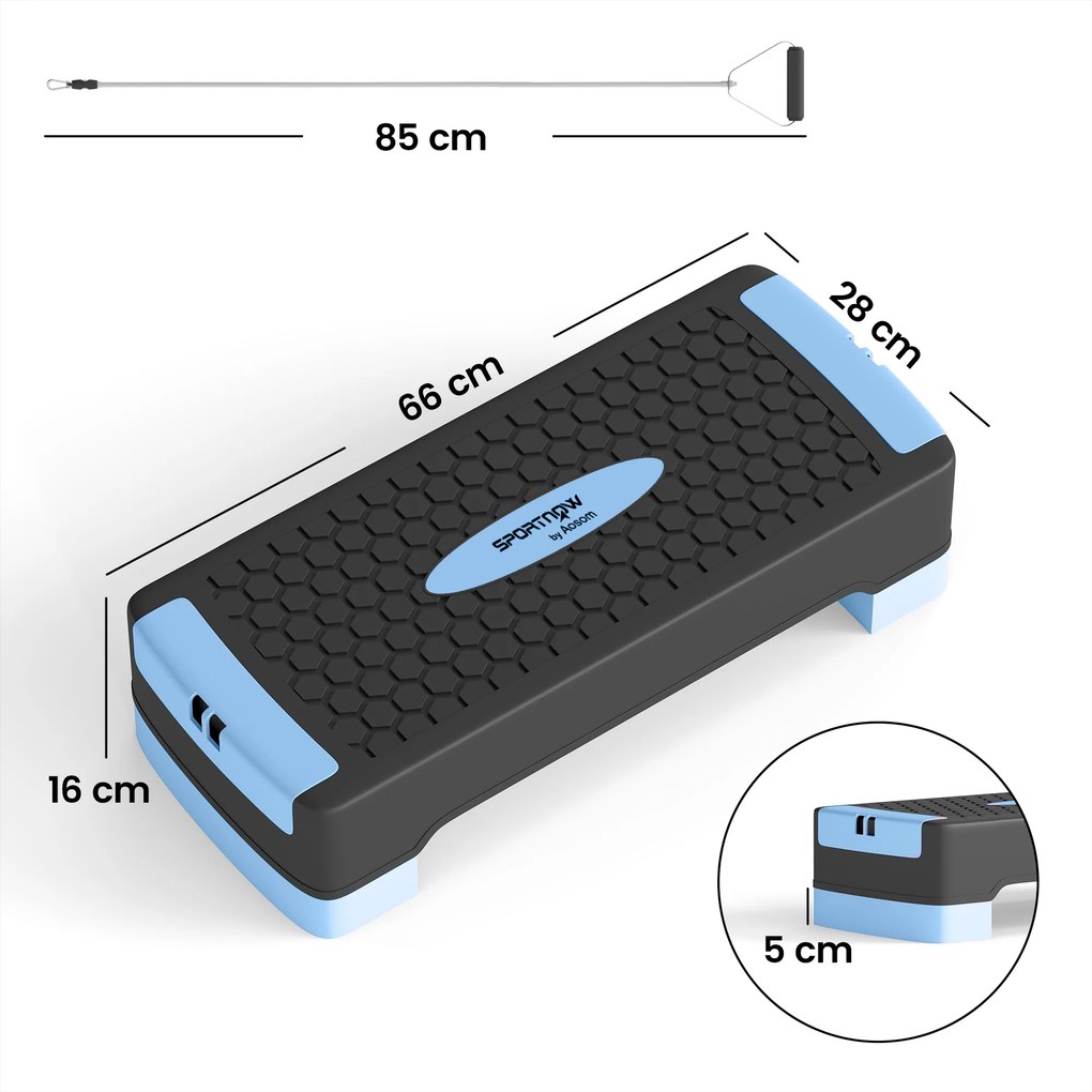 SPORTNOW Deska do stepów regulowana Fitness Aerobic Stepper z 2 poziomami (11/16 cm) 2 taśmami oporowymi, mata antypoślizgowa Niebieski | Aosom PL