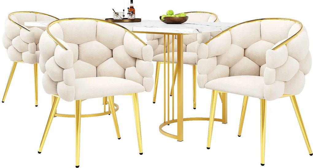 Zestaw stół jadalny + 4 krzesła welurowe - 140 x 80 x 75 cm - MDF + nogi metalowe w kolorze złotym - biały + beżowy