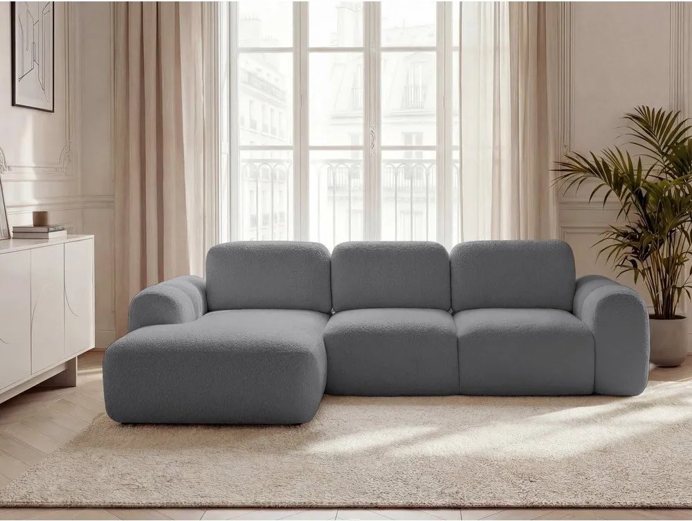 Szary rozkładany narożnik z materiału bouclé ze schowkiem (lewostronny/z szezlongiem) Montaigne – Bobochic Paris