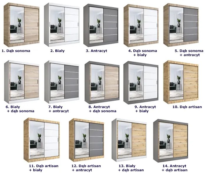 Przesuwna szafa z lustrem 180 cm antracyt + biel - Ebia 5X
