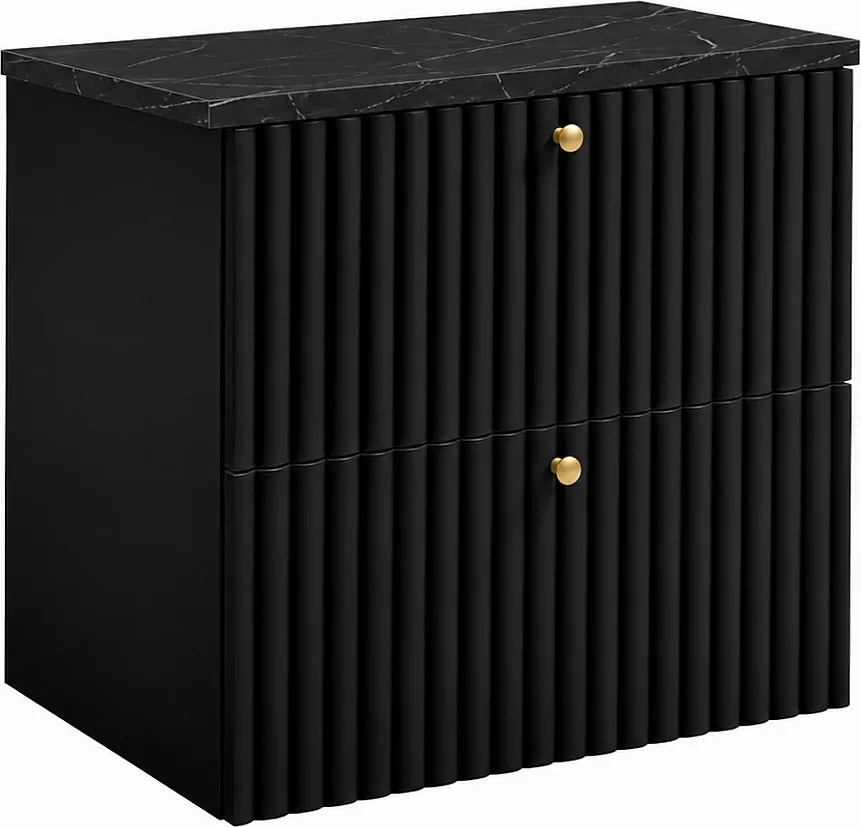 Szafka łazienkowa wisząca z blatem 60, czarny + blat z efektem marmuru Black Royal, uchwyty w trzech kolorach, 60 x 44,4 x 58,6 cm