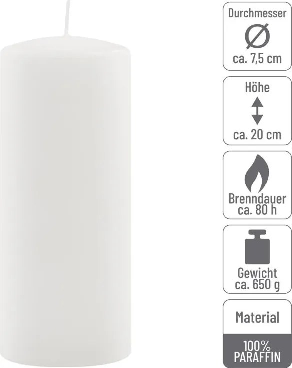 Zestaw świec słupkowych, 20 cm, Ø 7,5 cm, biały, 6 szt.