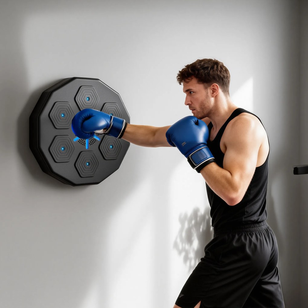 SPORTNOW Trener bokserski z funkcją muzyki, Bluetooth, migające punkty, montaż na ścianie, skóra ekologiczna, Czarny