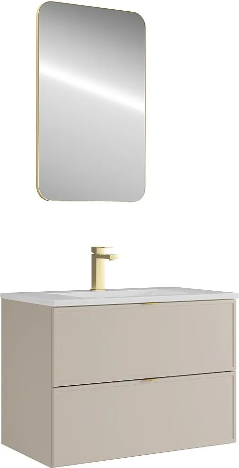 Wisząca szafka łazienkowa z wpuszczaną umywalką, baterią i lustrem – Beżowa – 80 cm – ONDIL