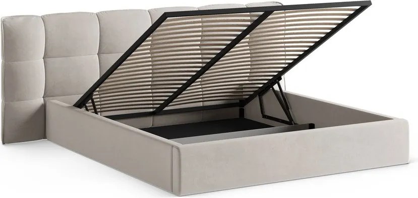 Beżowe tapicerowane łóżko dwuosobowe ze schowkiem i stelażem 200x200 cm Eric – Micadoni