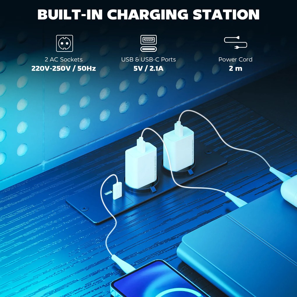 HOMCOM Biurko gamingowe w kształcie L z LED i gniazdami, z podwójnym uchwytem na monitory, 165x80x91,5 cm, czarna imitacja drewna | Aosom PL