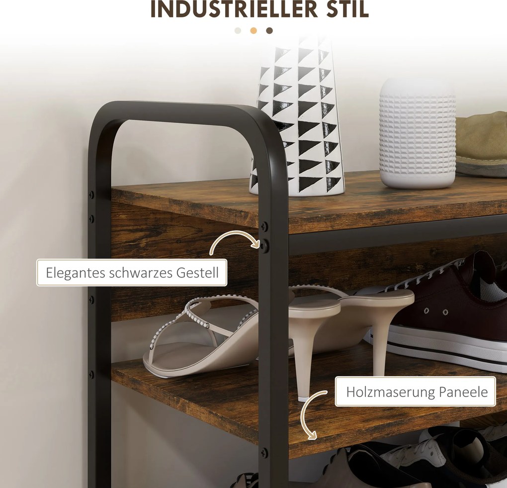 HOMCOM Półka na Buty 8-Poziomowa, Otwarty Design, Rama Metalowa, Regulowane Nóżki, 70x30x65 cm, Brąz/Czarny
