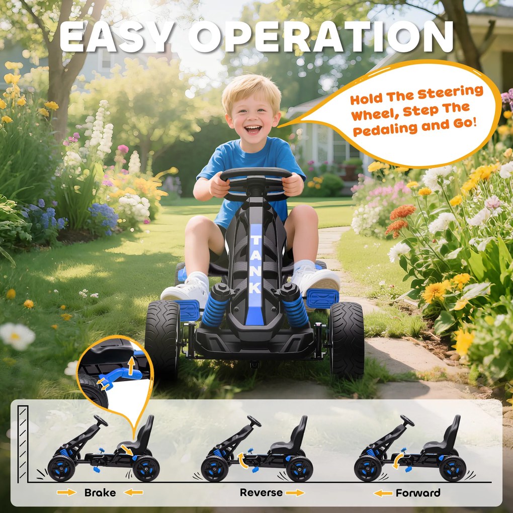 AIYAPLAY Gokart z pedałami, Tretauto dla dzieci z hamulcem, antypoślizgowe koła, rama metalowa, 3-6 lat, Niebieski