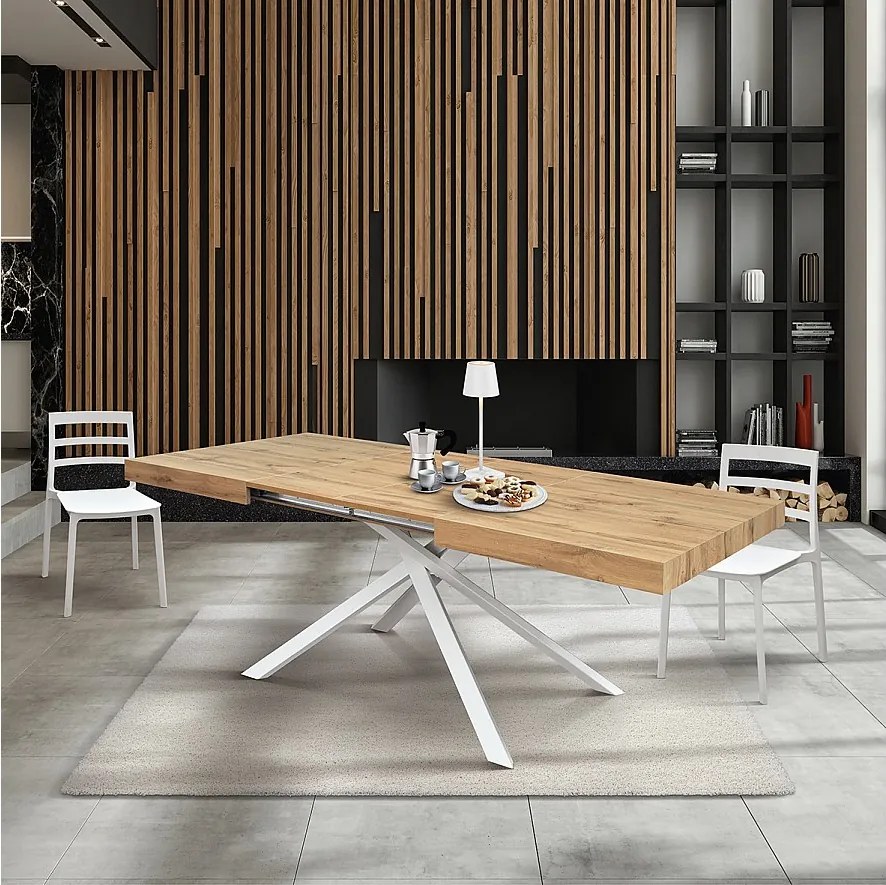 Drewniany stół, dębowe wykończenie, biała podstawa, rozkładany 160x90 - FORTE DEI MARMI