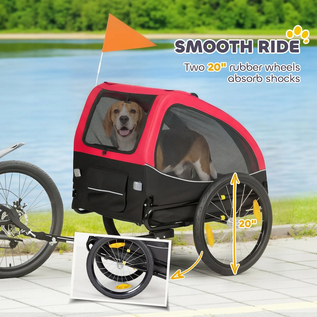 PawHut Przyczepka rowerowa składana z odblaskami oknami z siatki kołami drzwiami i chorągiewką, do 20 kg, 138x70x89 cm, czerwona | Aosom PL