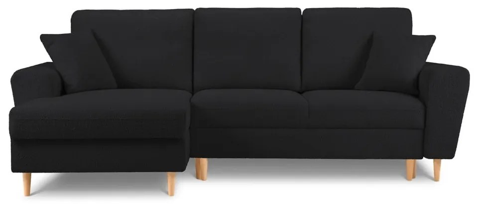 Czarny rozkładany/ze schowkiem narożnik z materiału bouclé (lewostronny/z szezlongiem) Kyoto – Cosmopolitan Design