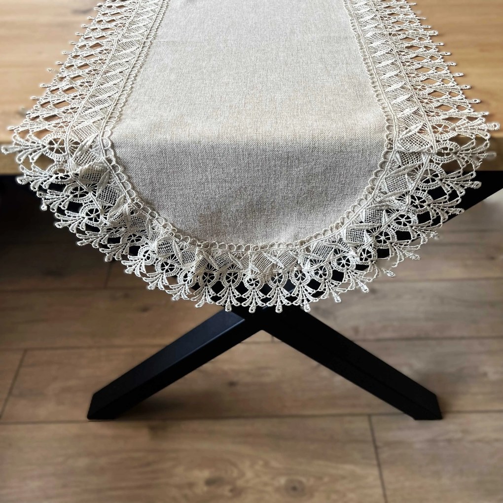 Bieżnik z gipiurą owalny imitacja lnu beżowy stylowy - 60x120 cmn