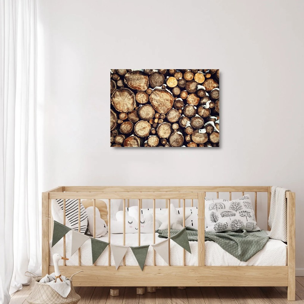 Obraz na szkle - Drewno w śniegu (70x50 cm)