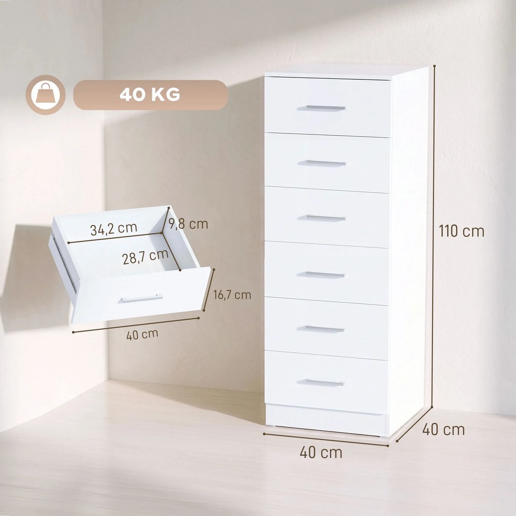 HOMCOM Komoda z 6 szufladami, nowoczesna komoda do sypialni, szafka do przechowywania, 40 x 40 x 110 cm, Biały w wyglądzie drewna | Aosom PL
