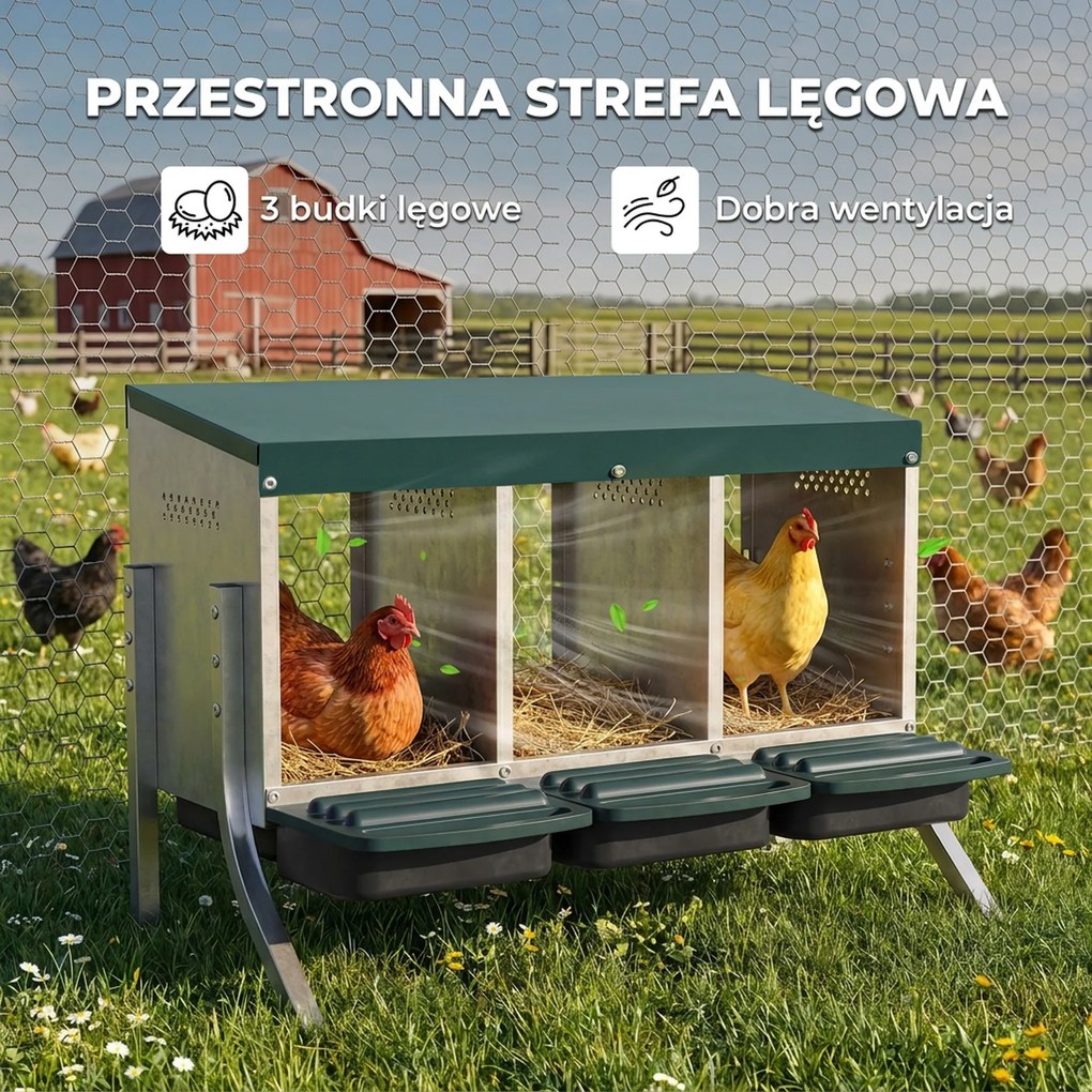 PawHut Gniazdo lęgowe dla kur, gniazdo z otworami wentylacyjnymi, 3 komory, gniazdo dla 3 kur, 85 x 54,6 x 61 cm, srebrny | Aosom PL