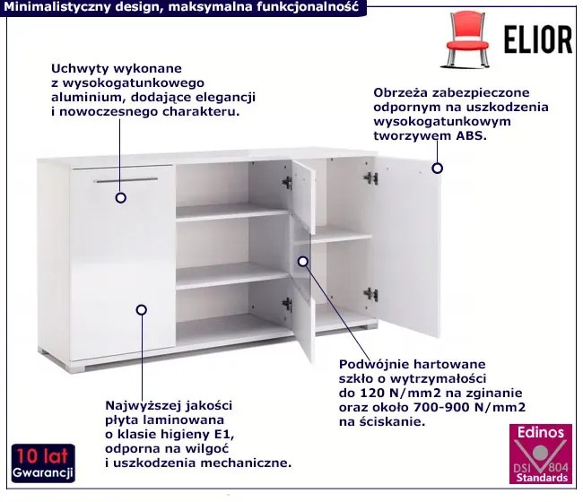 Biała duża komoda z witryną 150 cm Dione 4X