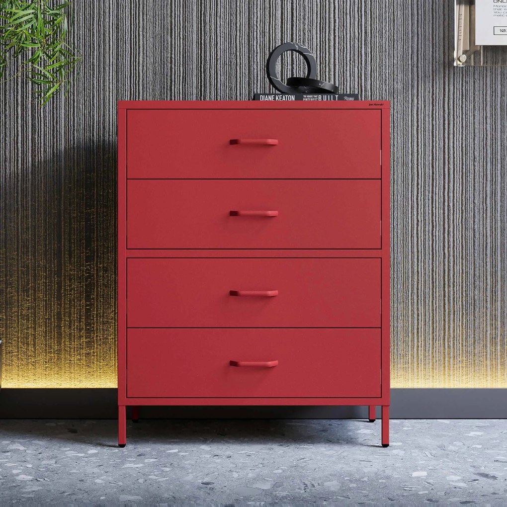 Komoda metalowa niska na nóżkach czerwona, 800x1015x400 mm: CARLA Modern