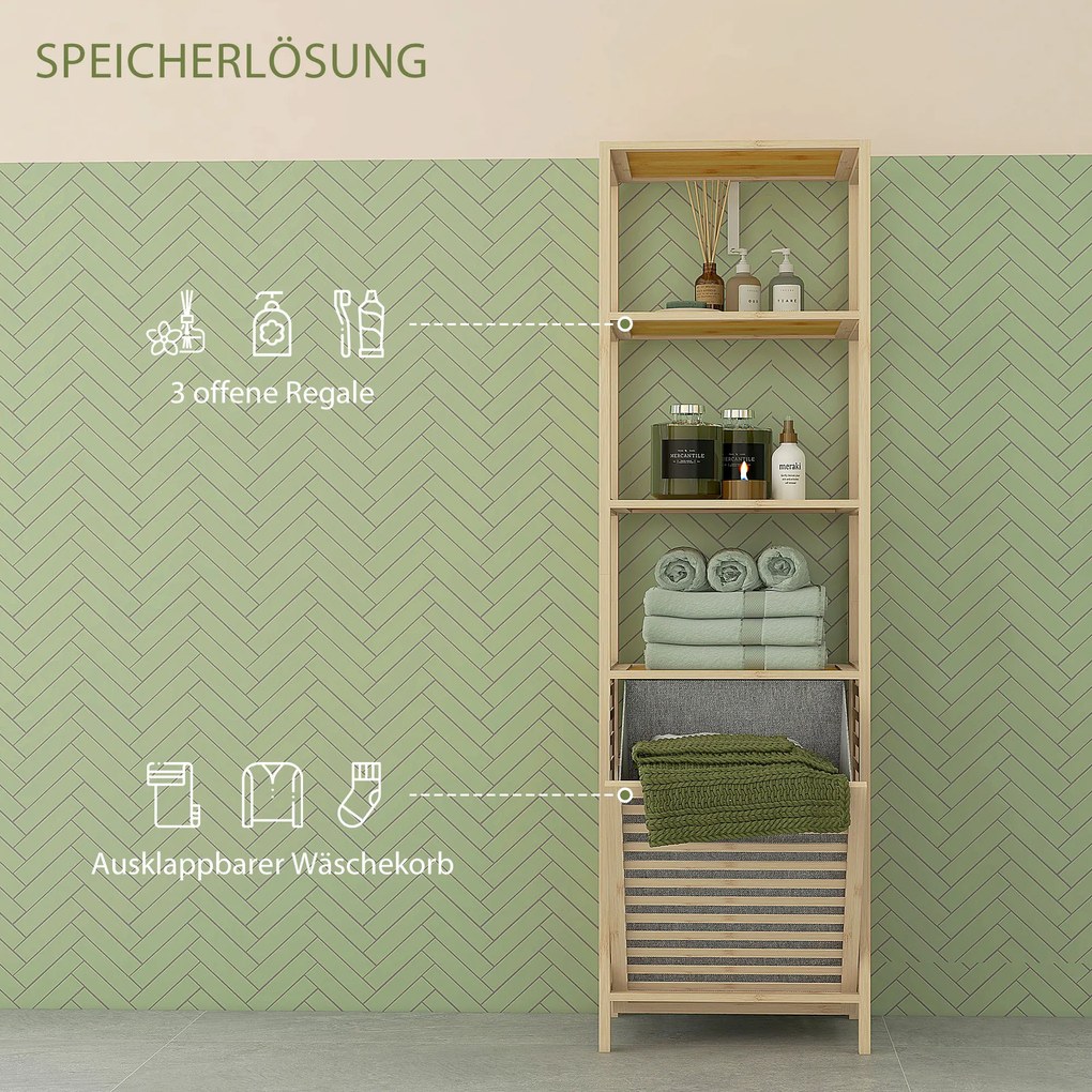 HOMCOM Regał łazienkowy z koszem na pranie, 3 półki, rama z bambusa, 44x33x160 cm, Naturalny