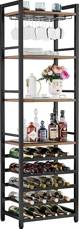 Stojak na wino, 9-poziomowy wolnostojący stojak na butelki z uchwytem na szklanki i półkami do przechowywania, stojak na butelki wina, rustykalny brąz