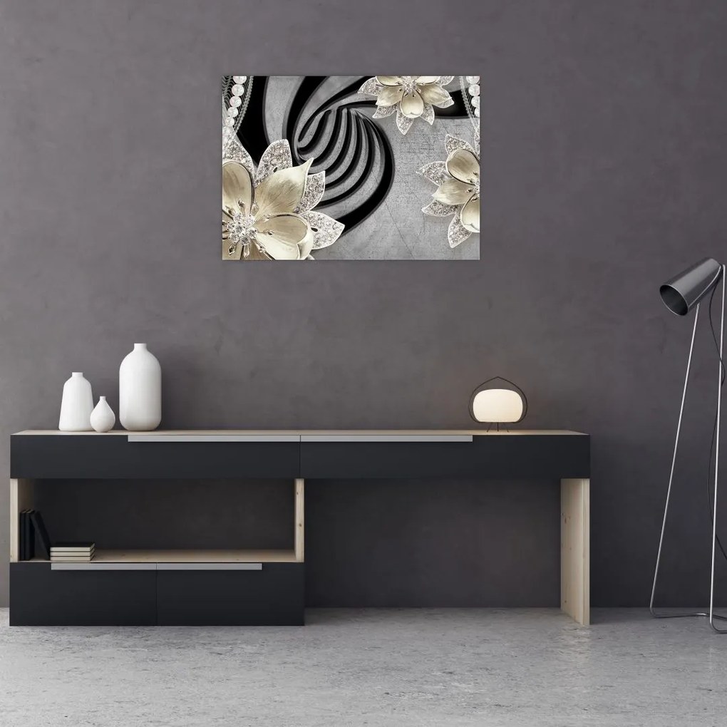 Obraz na szkle - 3D złote kwiaty (70x50 cm)