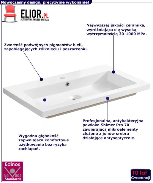 Prostokątna umywalka ceramiczna Defires 80 CM - Biała