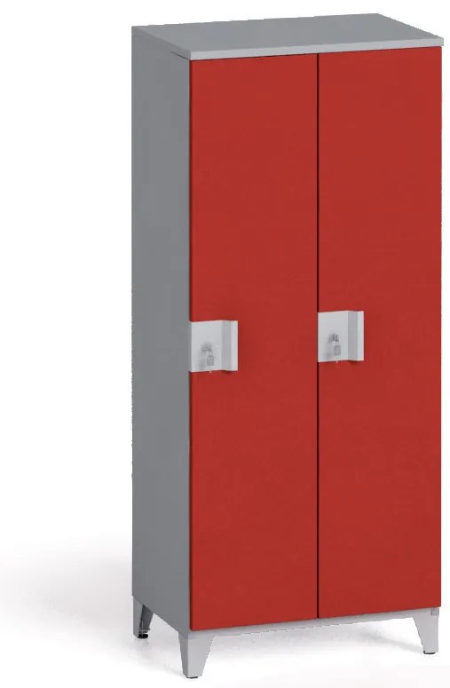 Szafa ubraniowa S4, 2-drzwiowa, 1400 x 600 x 400 mm, demontaż, zamek obrotowy, szary/czerwony