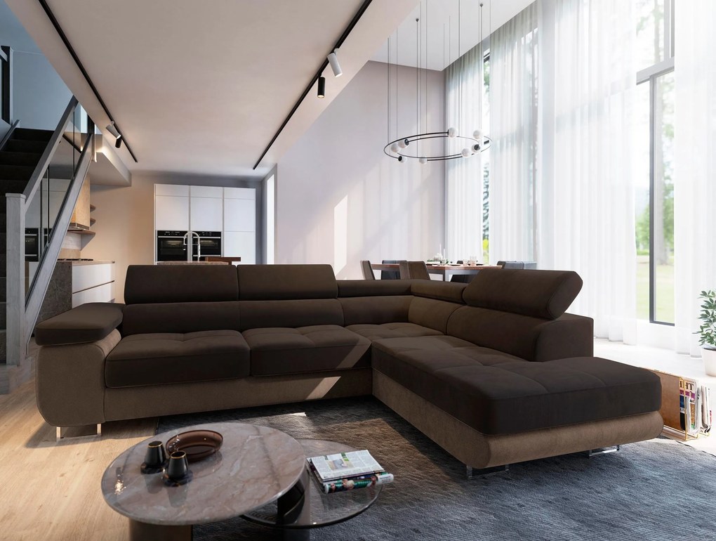 Masseno Narożnik SELVA z Funkcją Spania i Pojemnikiem na Pościel Narożnik L Rozkładana sofa – Brązowy MONOLITH 29 + MONOLITH 09
