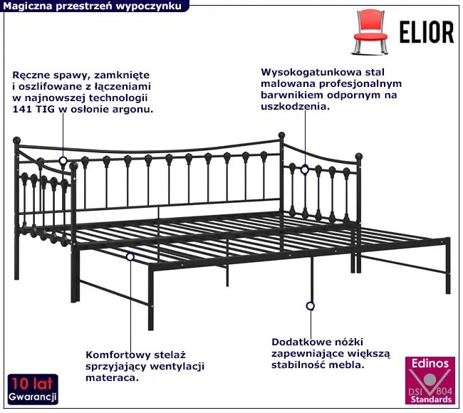 Czarne rozkładane łóżko metalowe 90x200 cm Dris