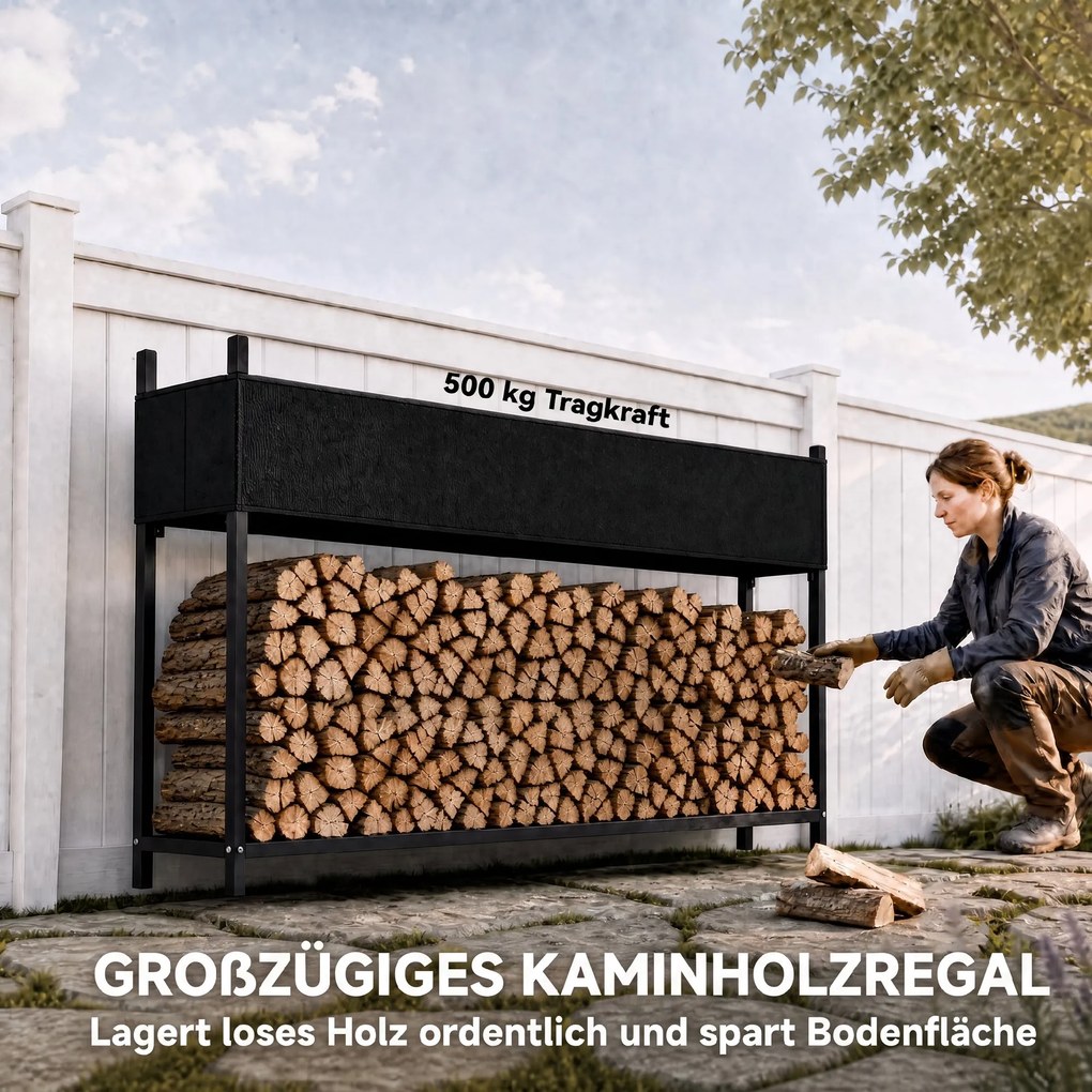 Outsunny Regał na drewno opałowe 202 x 25 x 113 cm, regał z pokrowcem 600D Oxford, rama stalowa, nośność do 500 kg, czarny | Aosom PL