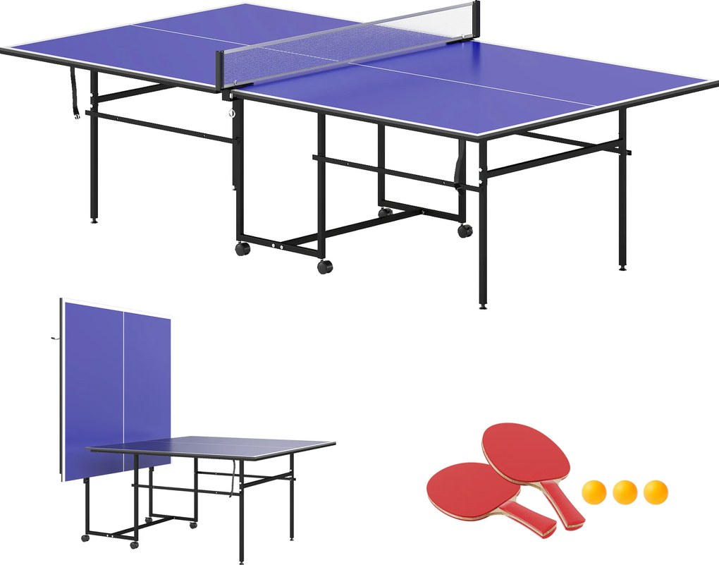 SPORTNOW Stół do tenisa stołowego, składany, przenośny, 2 rakiety, 3 piłki, rama metalowa, 274x152,5x76 cm, Niebieski