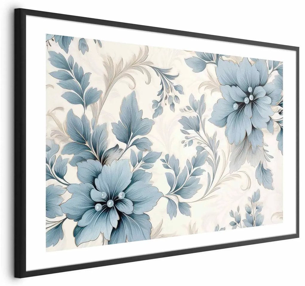 Plakat Turkusowe retro kwiaty 42x29,7 cm z ramą czarną z marginesem ARTGEIST B