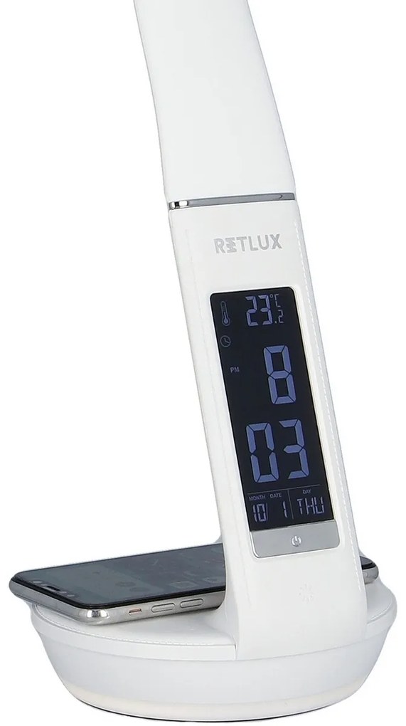 Retlux RTL 203 Lampa stołowa LED z wyświetlaczem i ładowaniem Qi biały, 6 W