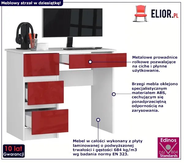 Biurko biało - czerwone z szufladami połysk - Nersta 3X