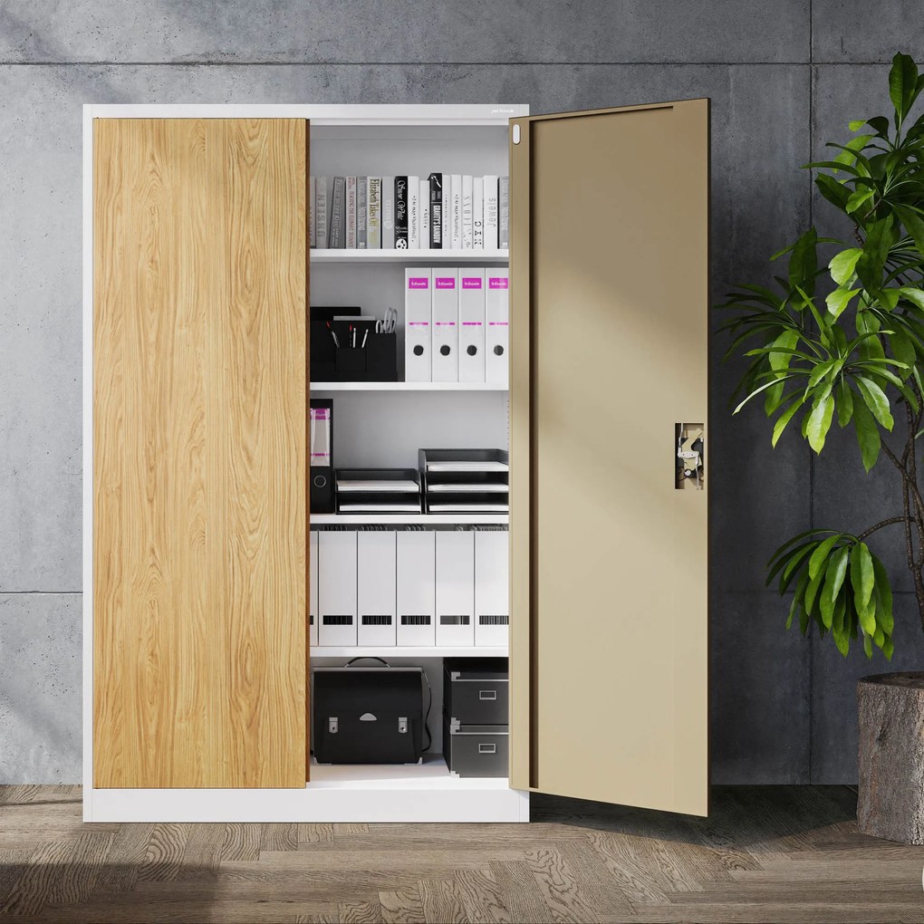Szafa biurowa metalowa na akta, szeroka, biały/złoty dąb, 1150x1850x400 mm: JAN II Eco Design