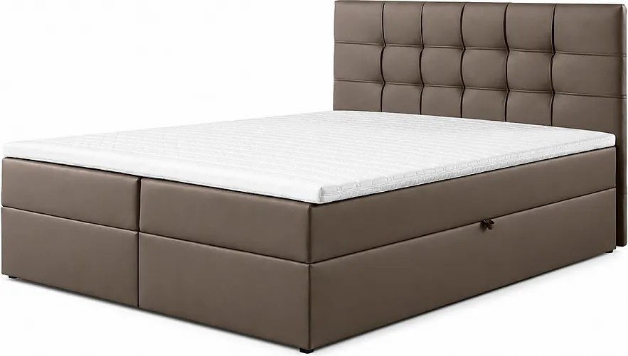 Łóżko kontynentalne LEO-160x200cm z pojemnikami na pościel|Materac Bonell|Topper|Łóżko dwuosobowe|Tapicerowane|Skóra ekologiczna-Brązowy