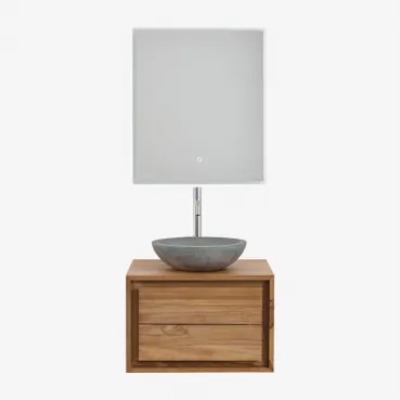 Zestaw Wiszących Mebli Łazienkowych Z Drewna Tekowego Jabari Drewno Tekowe & Okrągły Szary Cement Ø40 Cm - Sklum