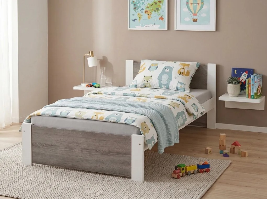 Łóżko IKAROS 80 x 200 cm, biały/dąb truflowy Stelaż: Ze stelażem listwowym rolowanym elastycznym, Materac: Materac Deluxe 10 cm