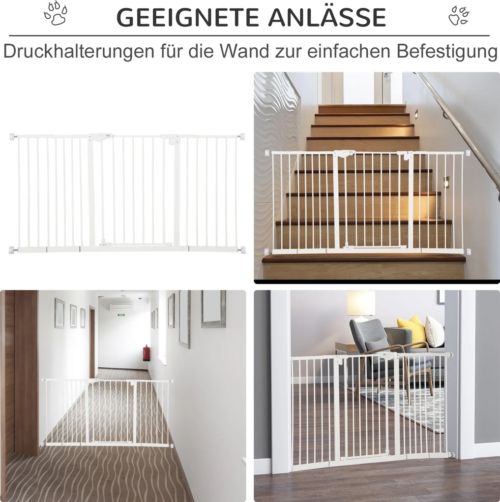 PawHut Bramka Ochronna dla Psów, Rozszerzalna, Montaż Na Zacisk, Metal, 136x76cm, Biały