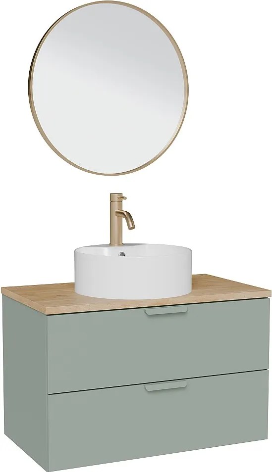 Wisząca szafka łazienkowa z okrągłą umywalką nablatową, baterią i lustrem – Szałwiowa zieleń – S80 cm – AVORELI