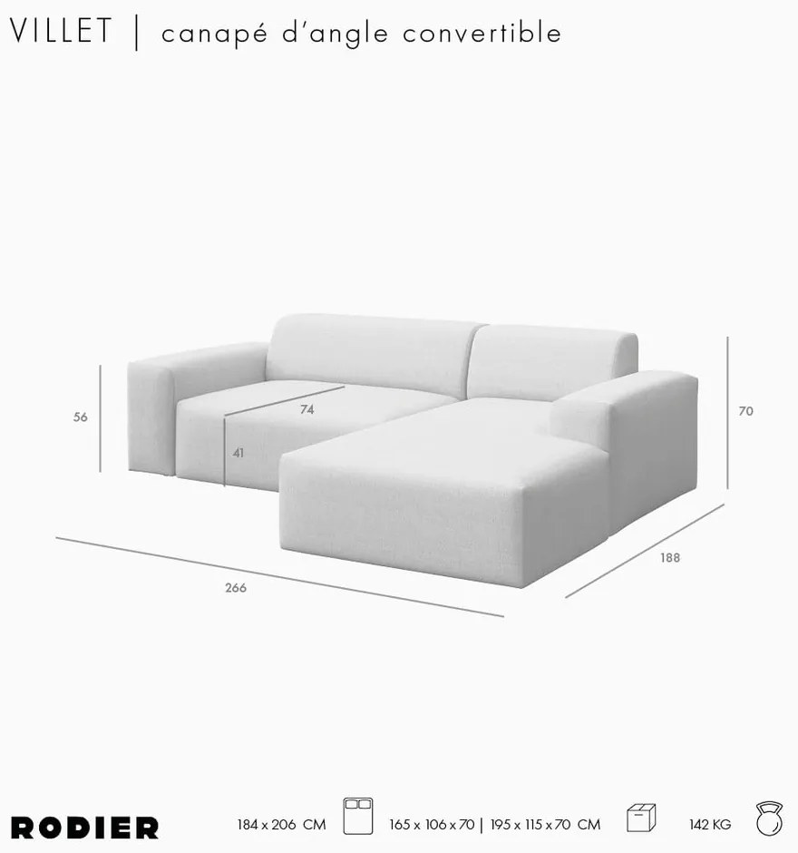 Beżowy aksamitny narożnik (prawostronny/z szezlongiem) Villet – Rodier