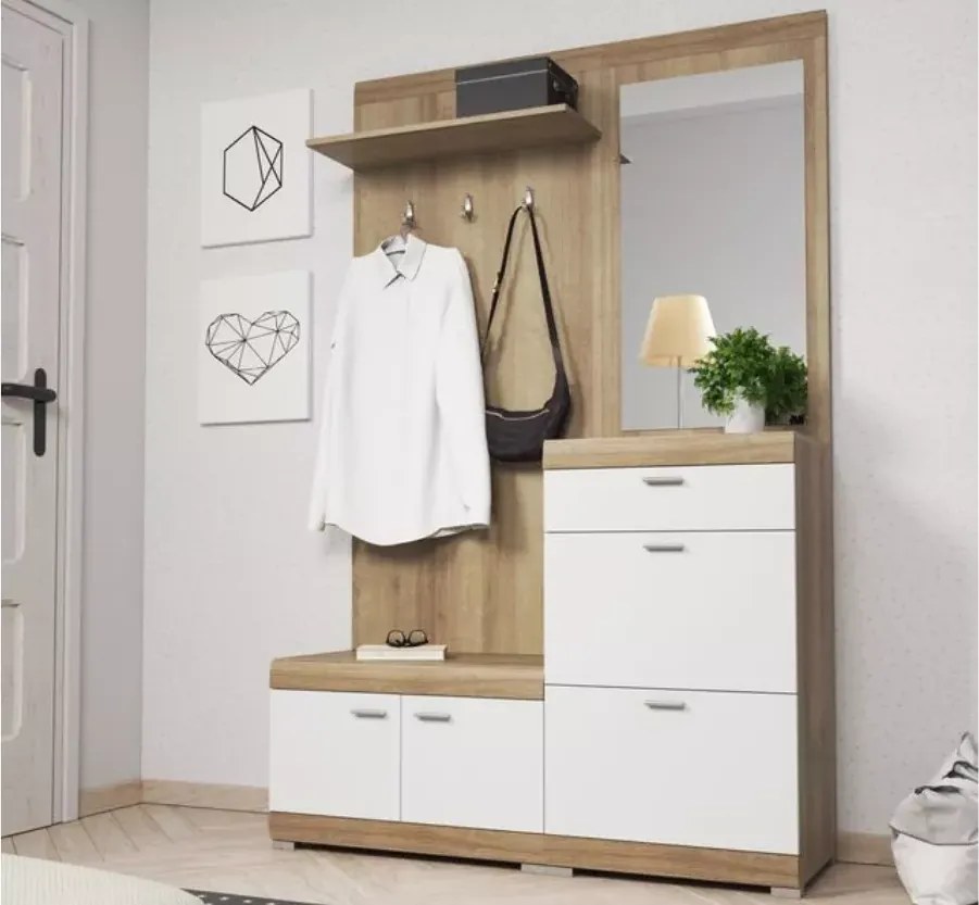 Garderoba z lustrem Indygo szafa przedpokój dąb riviera biała 135cm siedzisko