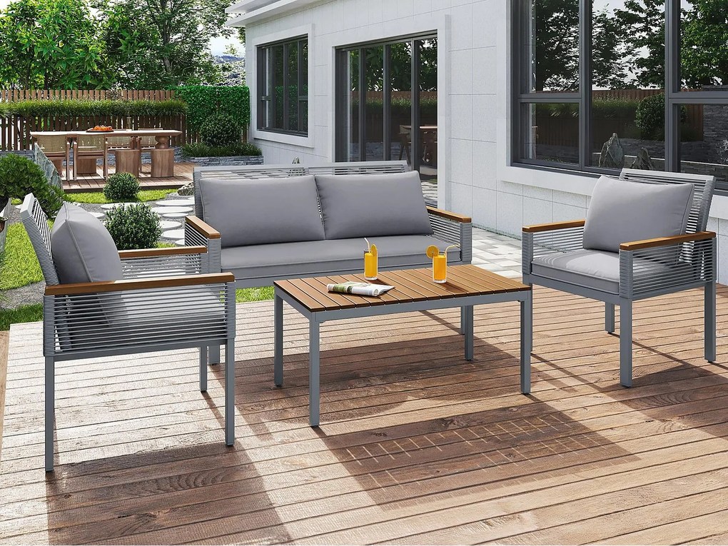 Zestaw mebli ogrodowych ze stali dla 4 osób - sofa, 2 fotele i stolik kawowy - ozdobiony rattanem PE i drewnem akacjowym - Szary