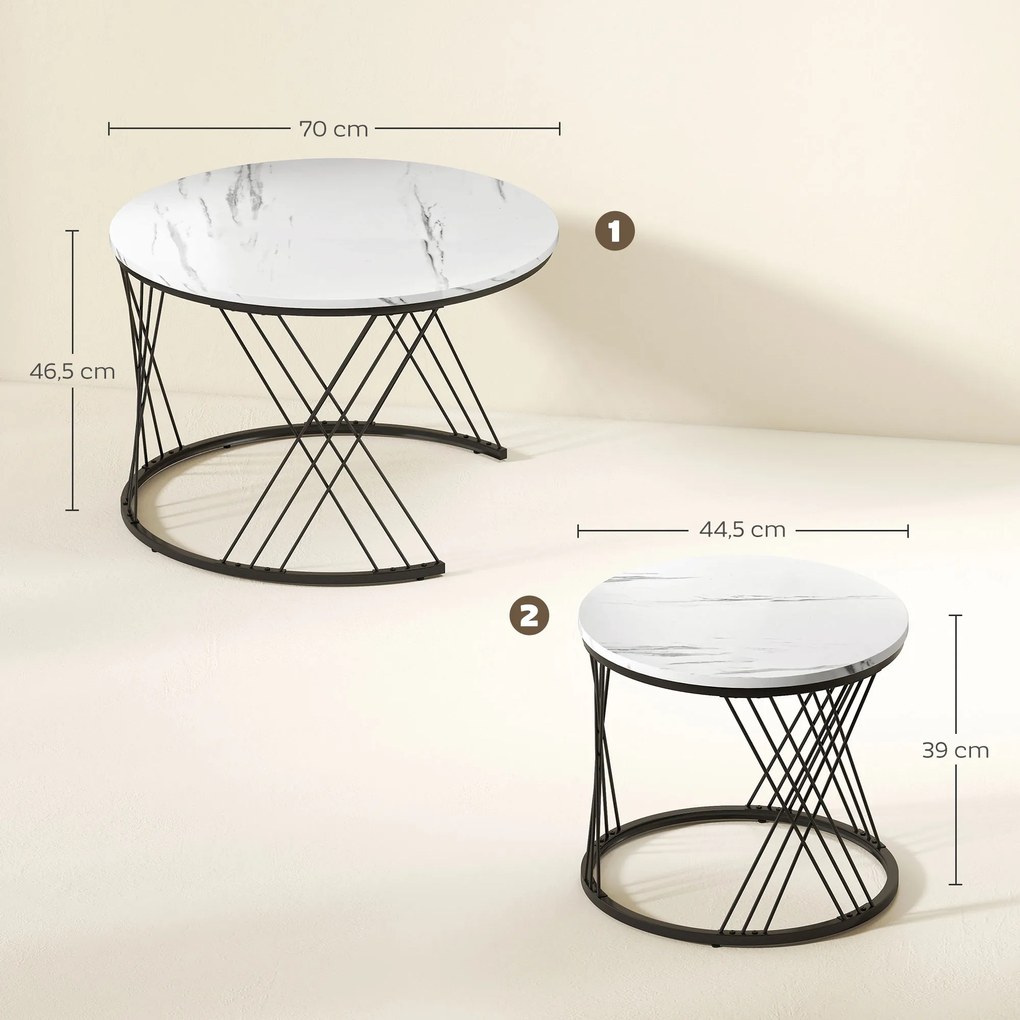 HOMCOM Okrągłe stoły kawowe w zestawie 2 szt., marmurowa powierzchnia, płyta wiórowa, metal, łatwość w przechowywaniu, Biały
