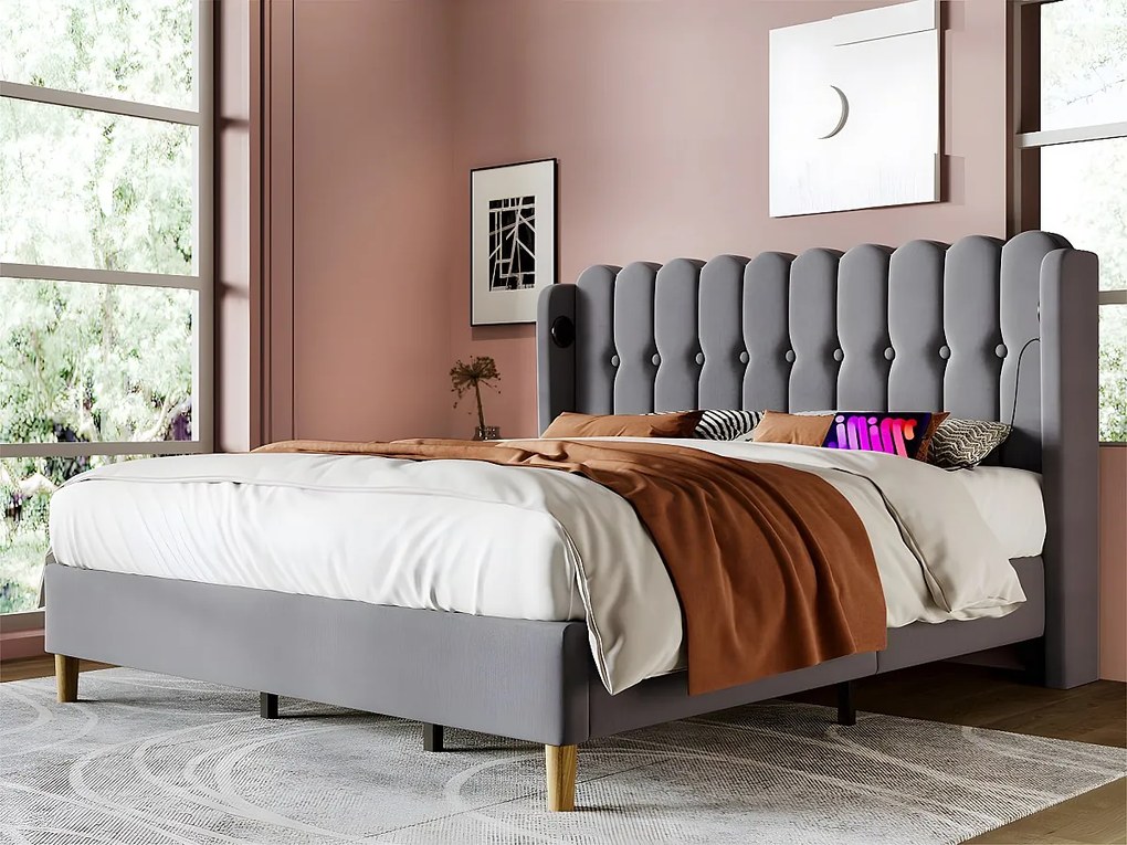 Łóżko 140x200cm tapicerowane lnem - z portami ładowania i stelażem na listwy - Szare